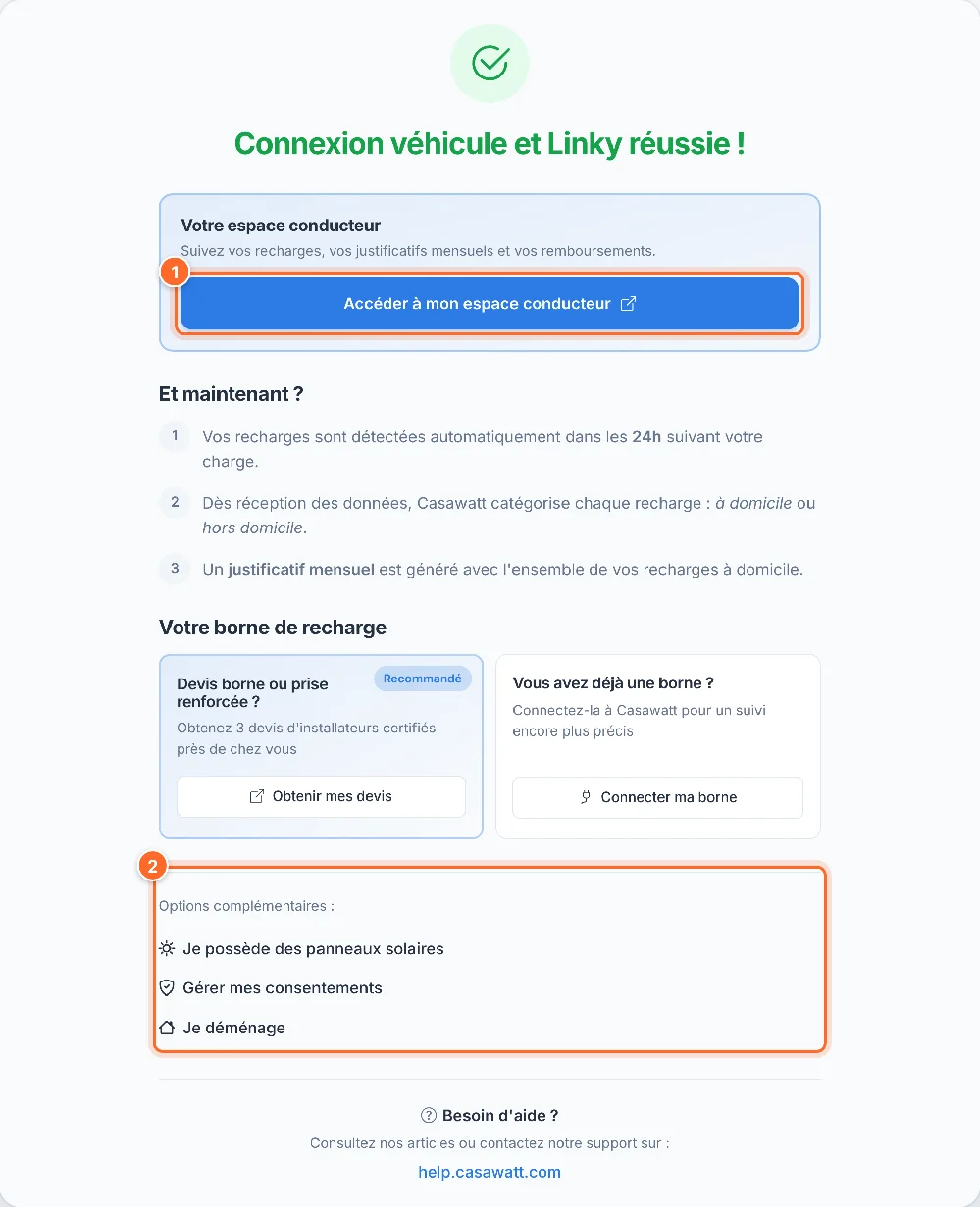 Écran de fin : connexion véhicule et Linky réussie